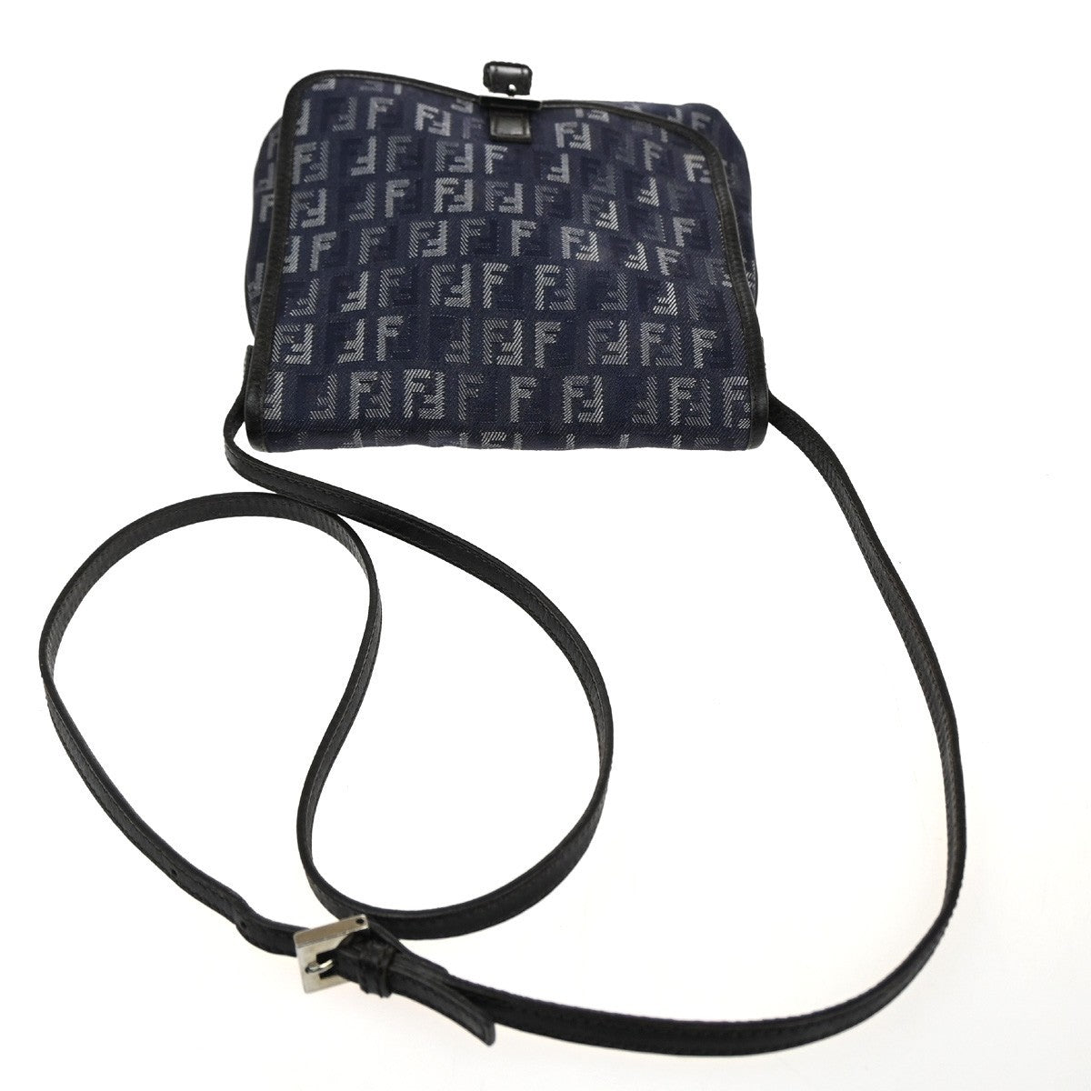 FENDI Logo Zuccino Flap Shoulder bag Canvas Leather Blue SHW Italy 85MA113