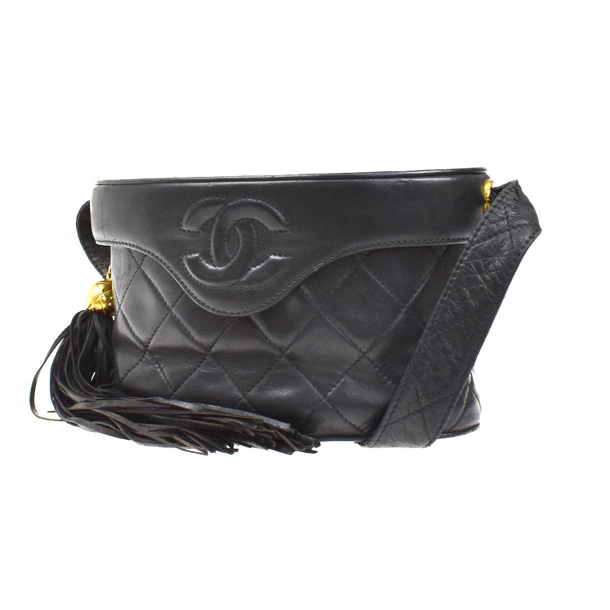CHANEL CC Logo Matelasse Tassel Shoulder Vanity Bag Leather Black Italy 95KB241