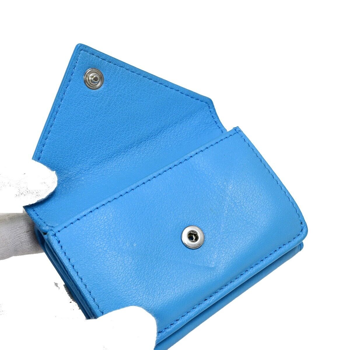 BALENCIAGA Logo Paper Mini Trifold Wallet Purse Leather Blue SHW Italy 68EB974