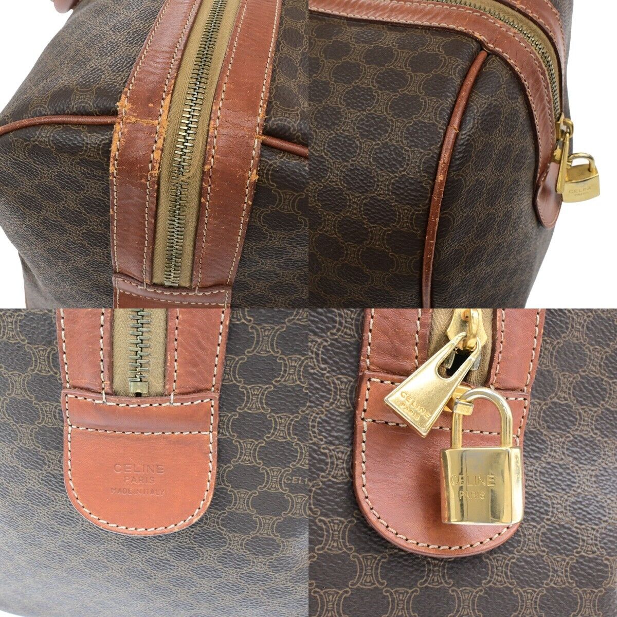 CELINE Macadam Pattern Travel Hand Bag PVC Leather Brown Gold Italy 64ED951