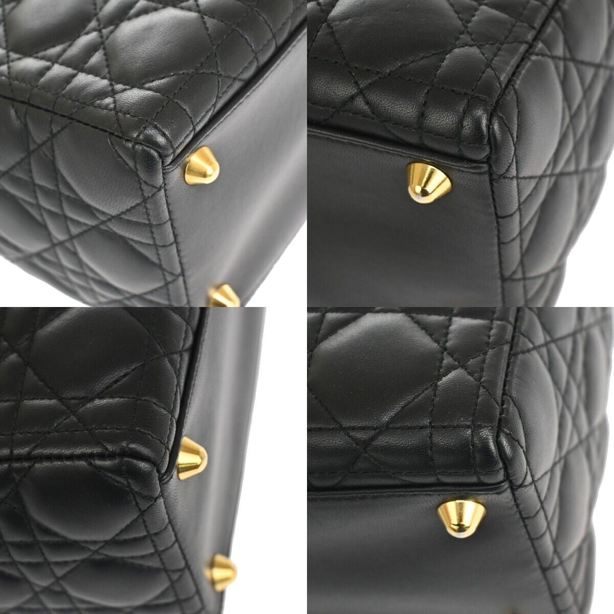 CHRISTIAN DIOR Lady Cannage Hand Tote Bag Leather Black Gold Italy 650RC585