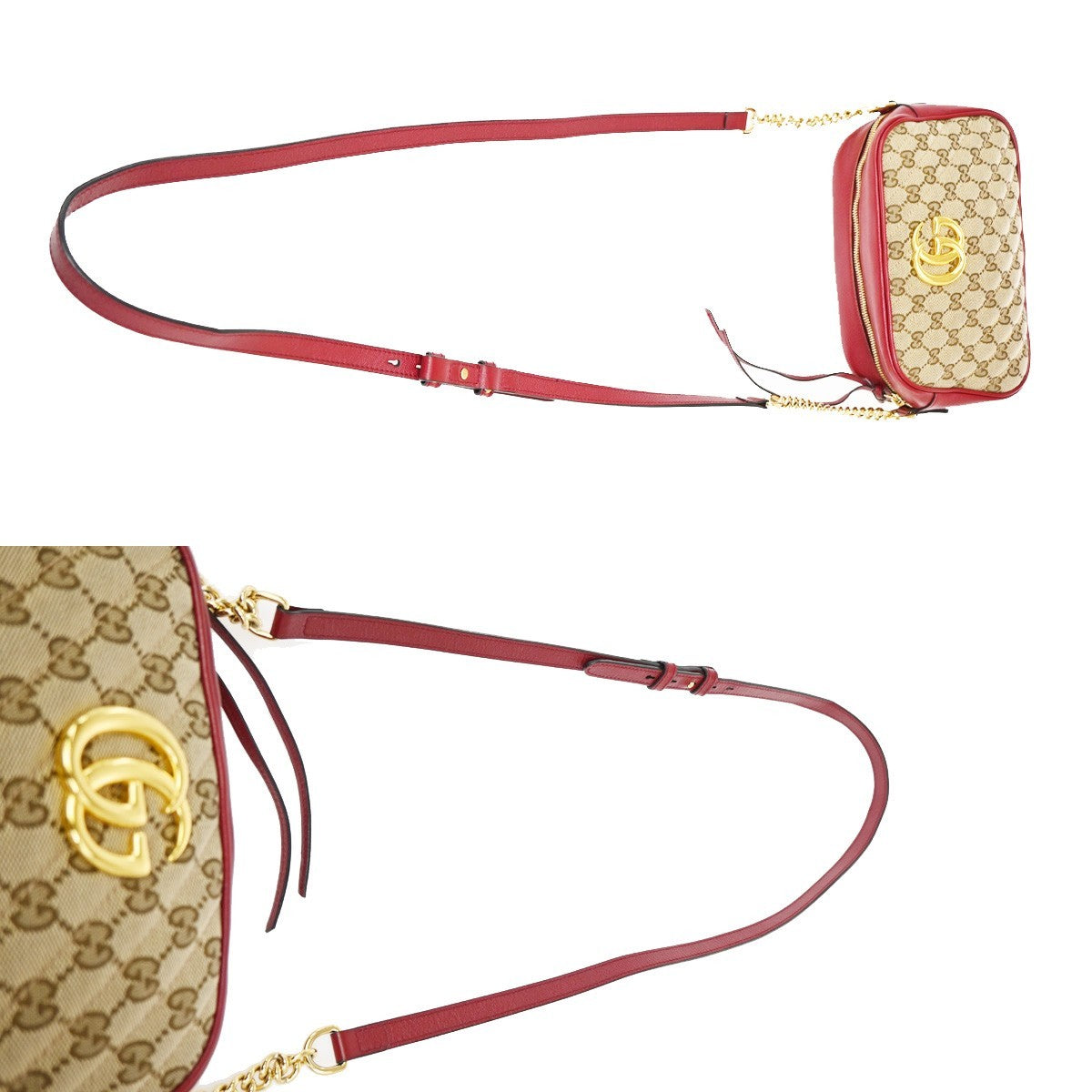 GUCCI Marmont GG Pattern Chain Shoulder Bag Canvas Leather Brown Red 600KB508
