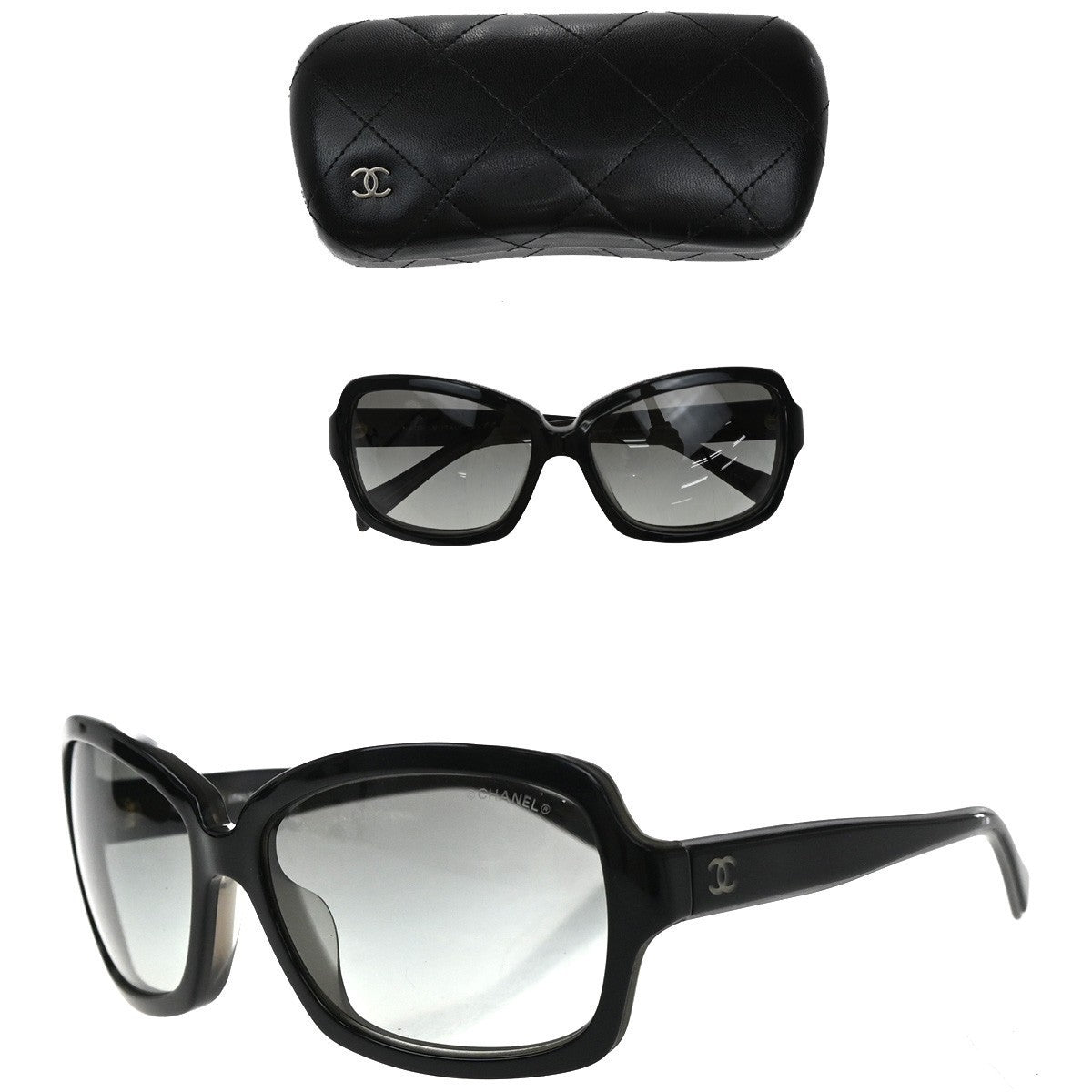 CHANEL CC Logo Sunglasses Eye Wear Plastic Leather Black 5143-A 63RP001