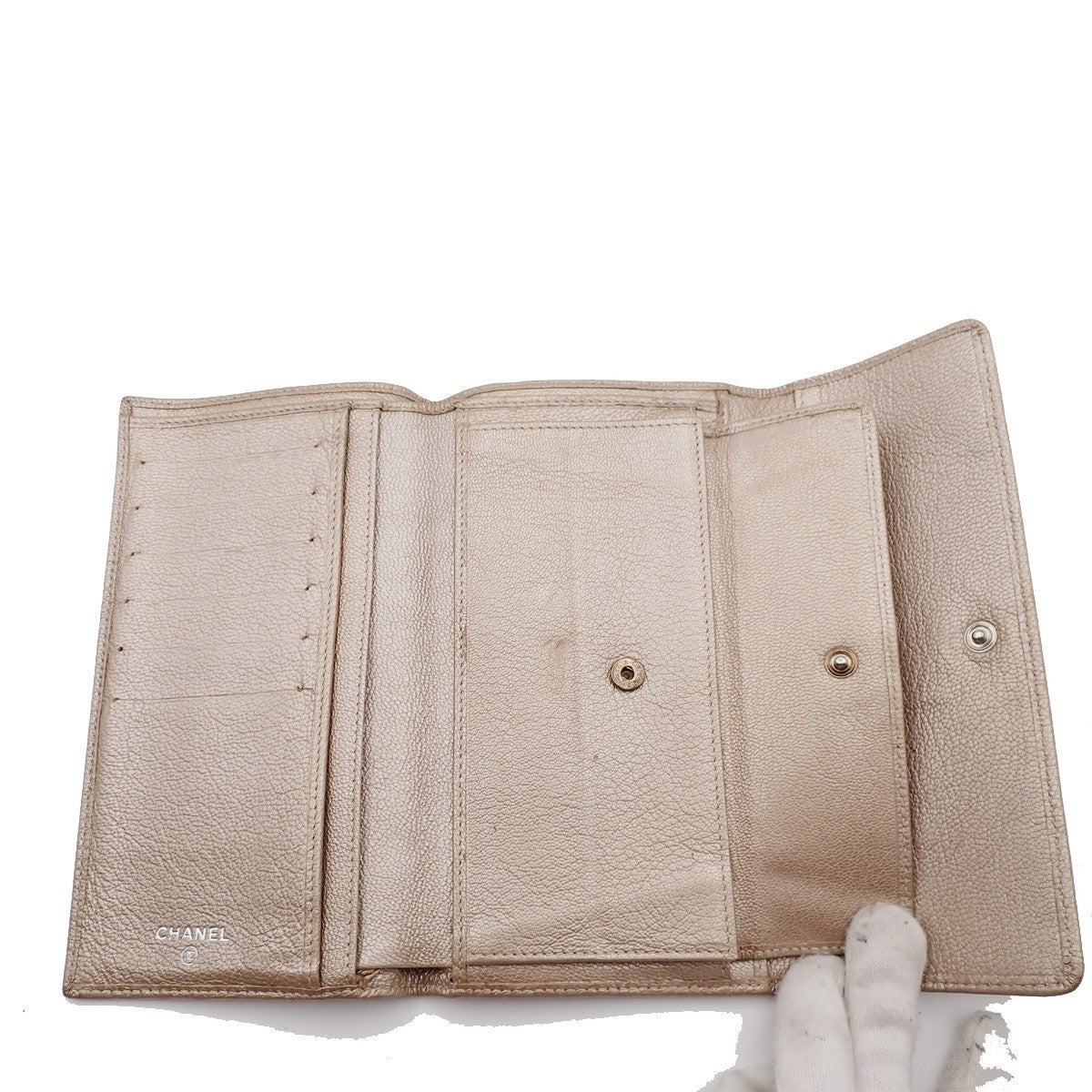 CHANEL CC Logo Trifold Long Wallet Purse Leather Gold Italy 33RL254