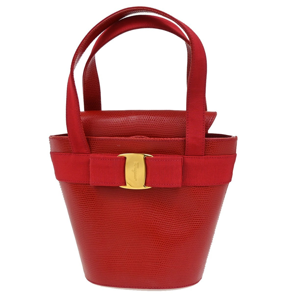 SALVATORE FERRAGAMO Vara Bow Bucket Handbag Embossed Leather Red GHW 62DA271