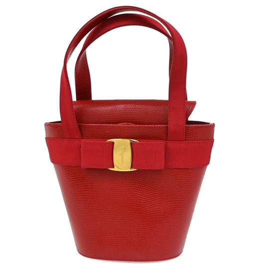 SALVATORE FERRAGAMO Vara Bow Bucket Handbag Embossed Leather Red GHW 62DA271