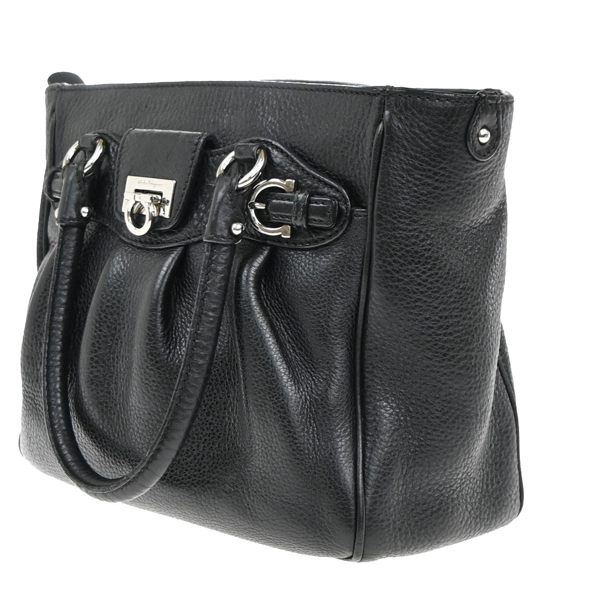 SALVATORE FERRAGAMO Logo Gancini Hand Bag Leather Black SHW Italy 36EG392