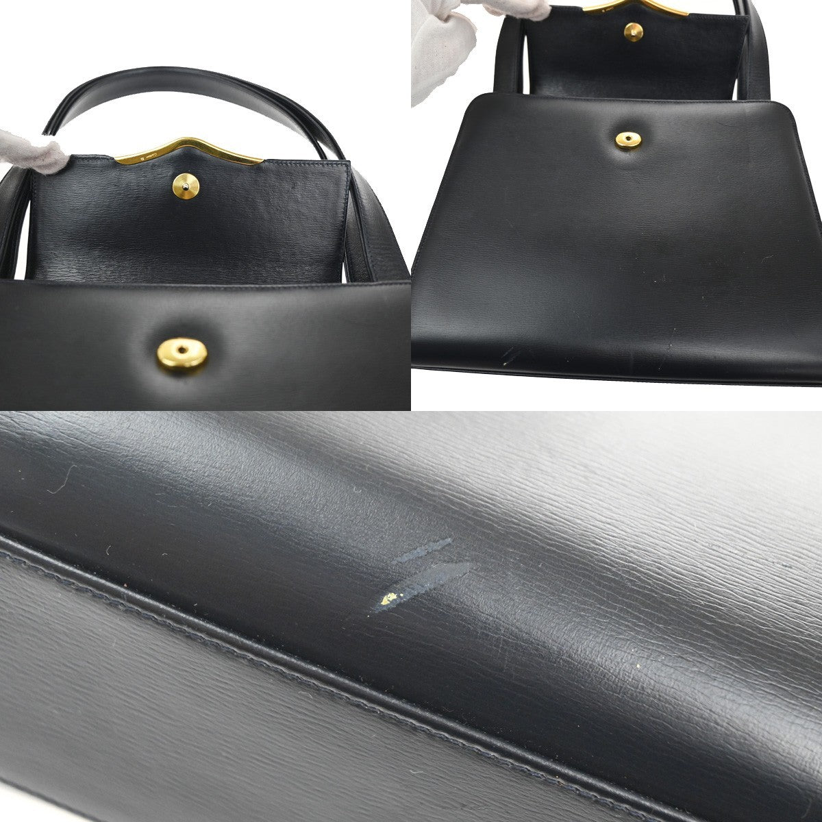 CARTIER Logo Sapphire Line Shoulder Hand Bag Leather Navy France GHW 38MA402