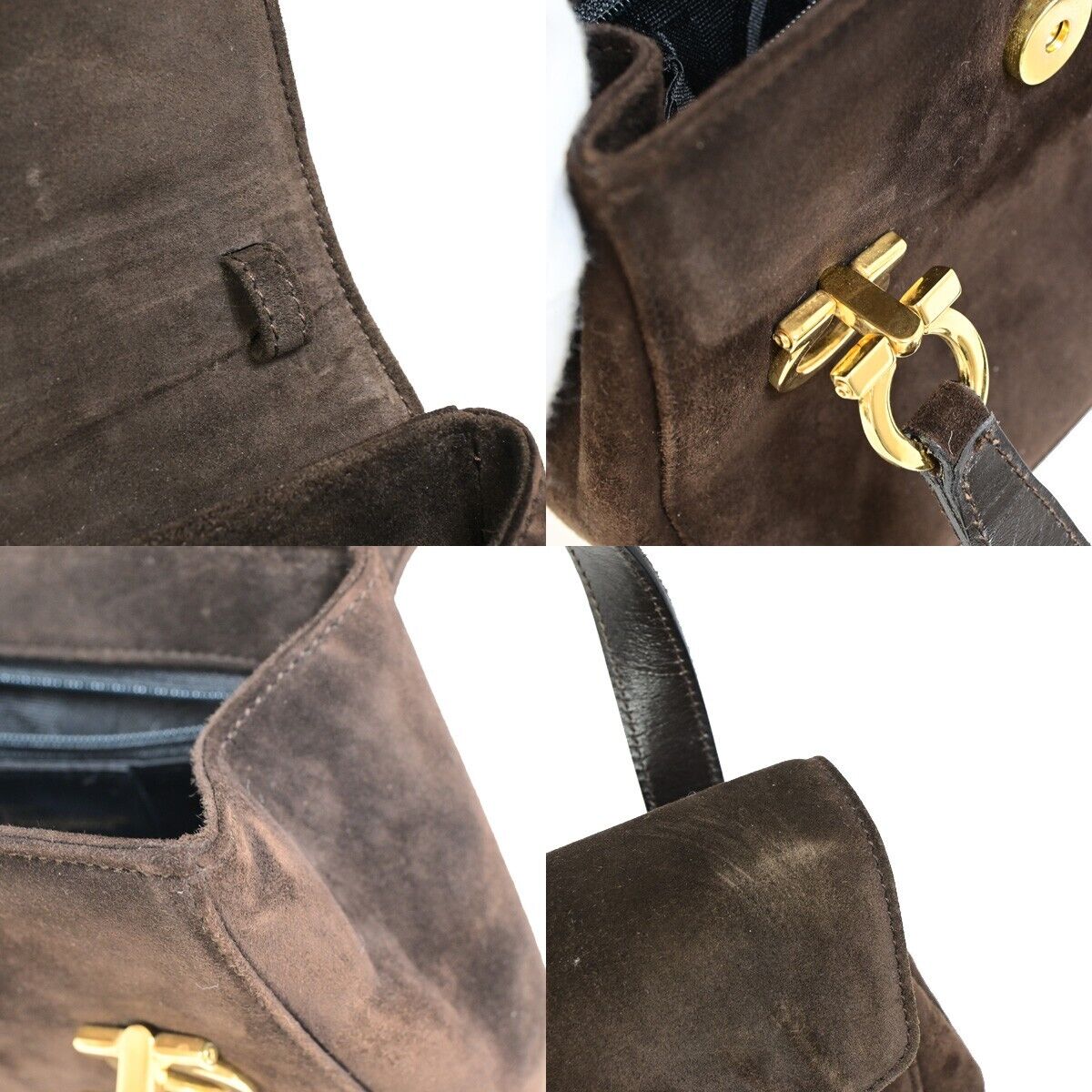 SALVATORE FERRAGAMO Logo Gancini Hand Bag Suede Leather Brown GHW Italy 04FA937