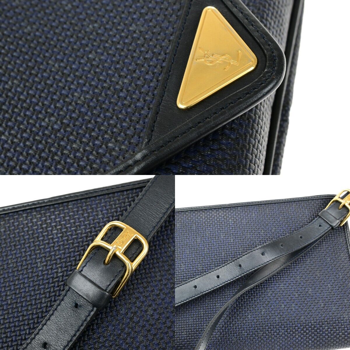 YVES SAINT LAURENT YSL Shoulder Bag Leather PVC Black Navy Blue Gold 66ED547
