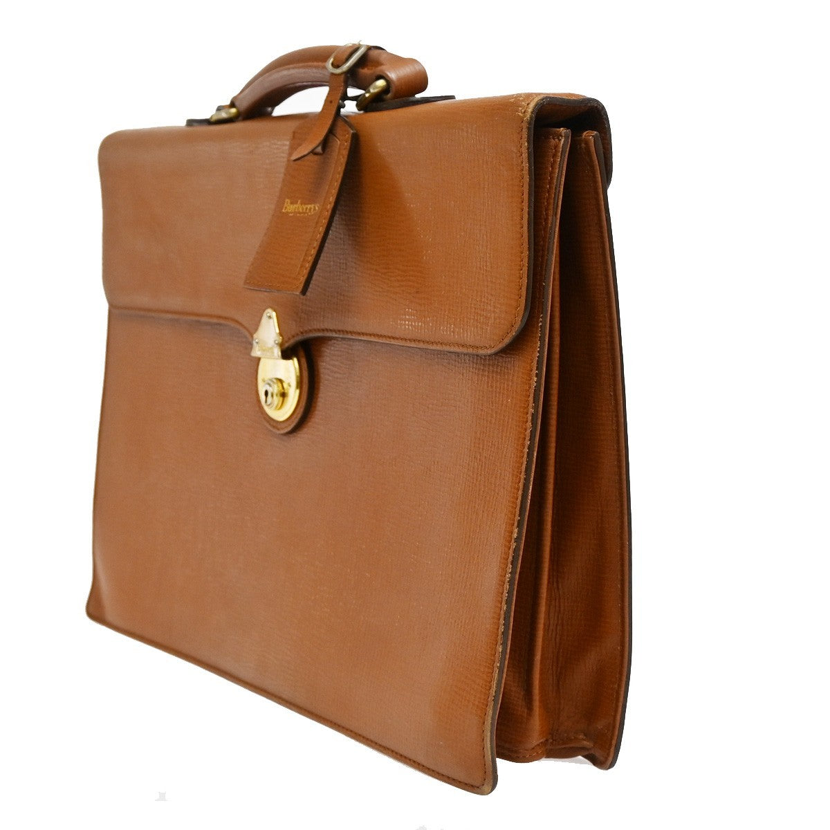 Burberrys Logo Business Briefcase Hand Bag Leather Brown GHW With Key 04KB683