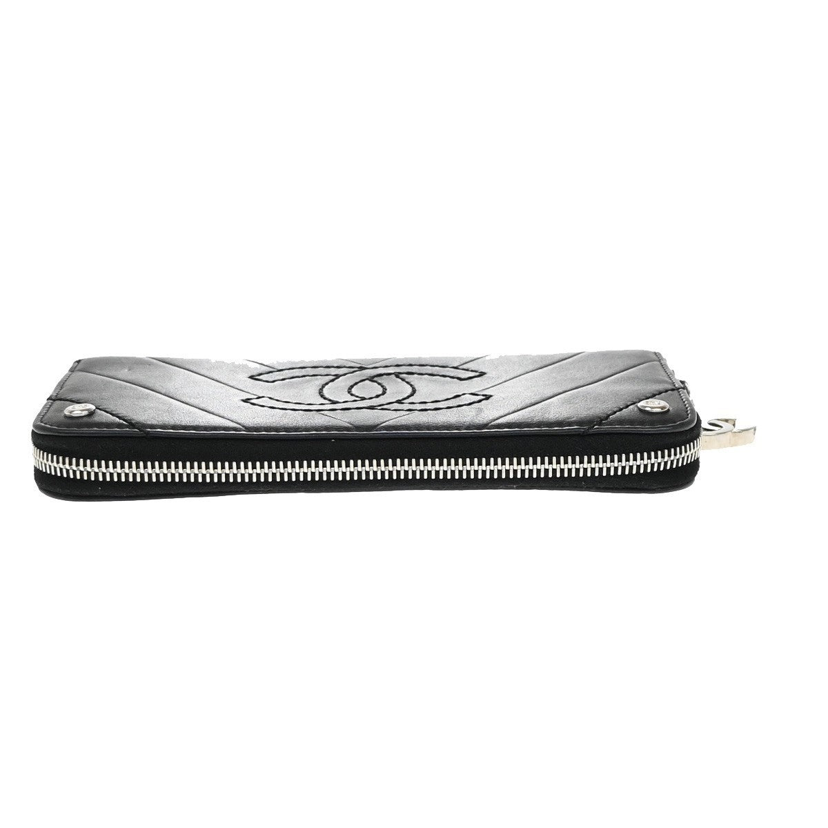 CHANEL CC Logo V-stitch Zip Around Long Wallet Leather Black Silver 77RF674