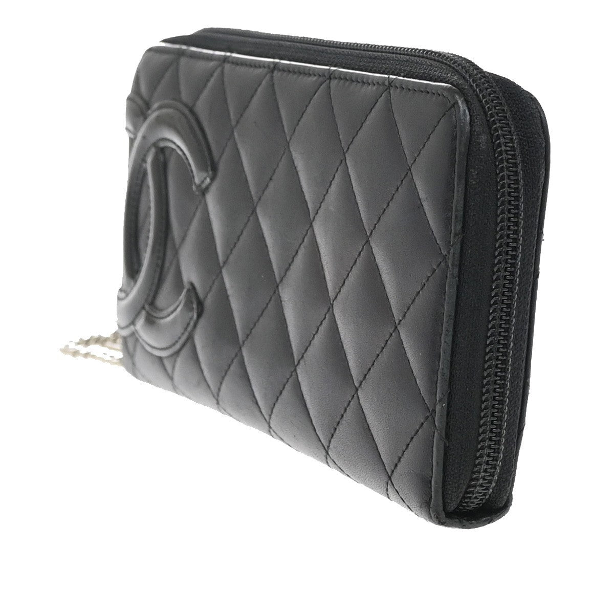 CHANEL CC Cambon Long Zipper Bifold Wallet Leather Patent Leather Black 30RF618