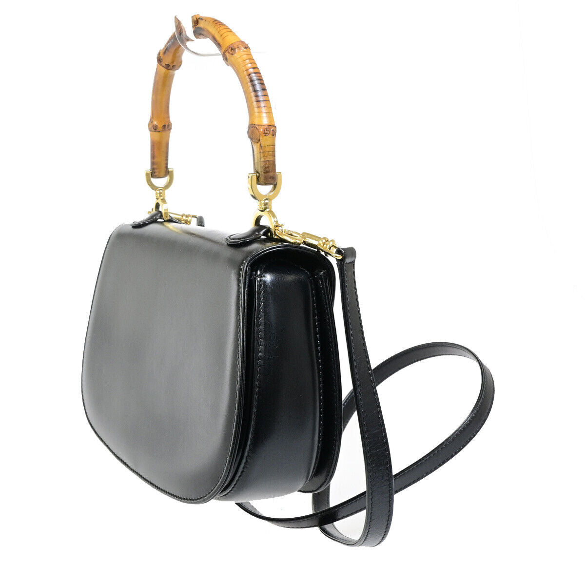 GUCCI Logo Bamboo 2Way Small Shoulder Hand Bag Leather Black GHW Italy 609RK553