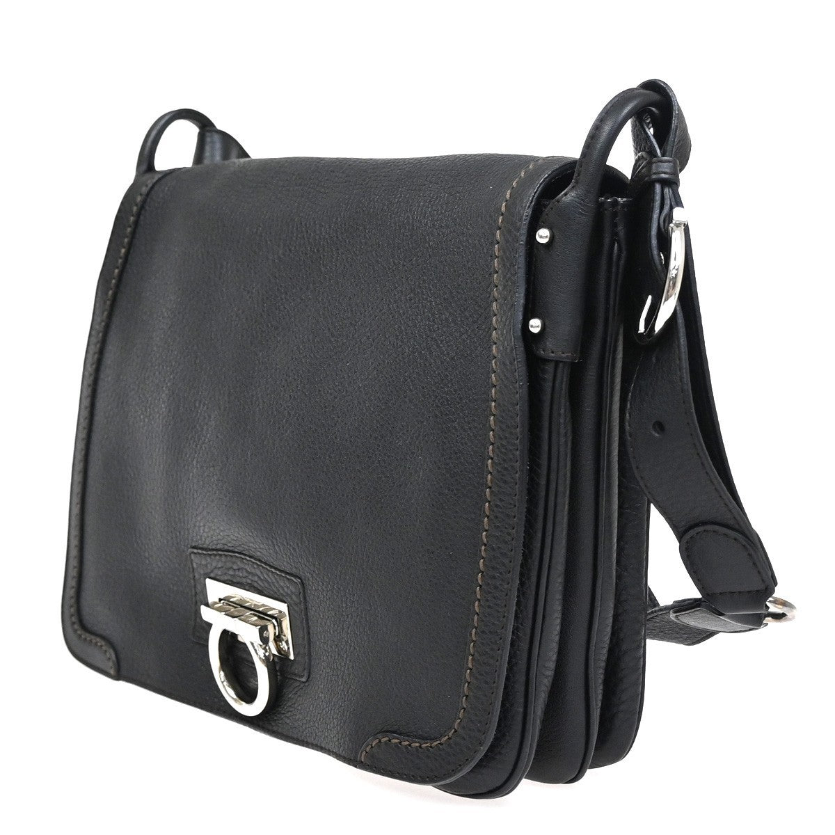 SALVATORE FERRAGAMO Gancini Shoulder Bag Leather Black SHW Italy 34RF978