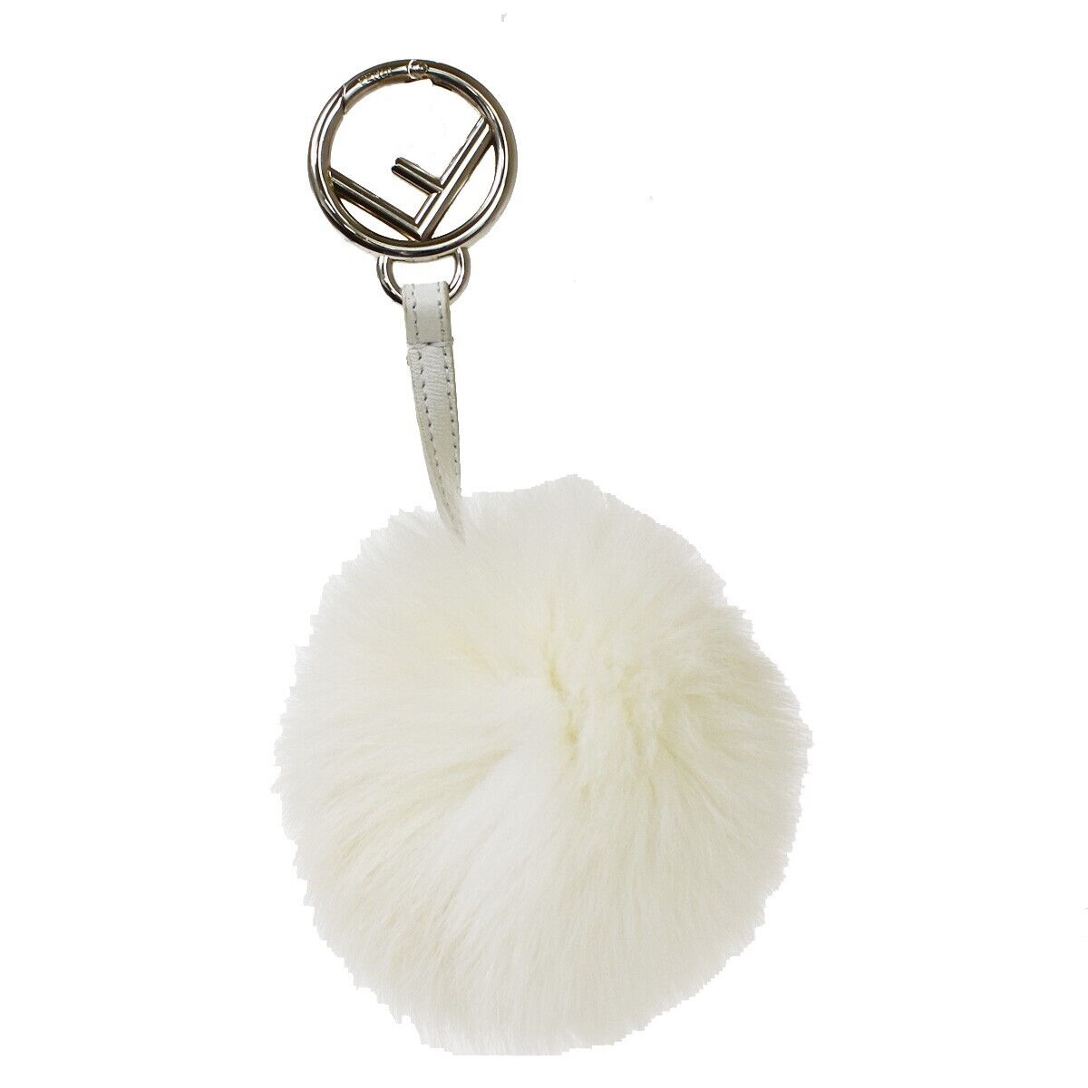 FENDI Logo Pompom Bag Charm Key Ring Fox Fur Leather White Italy 04JH636