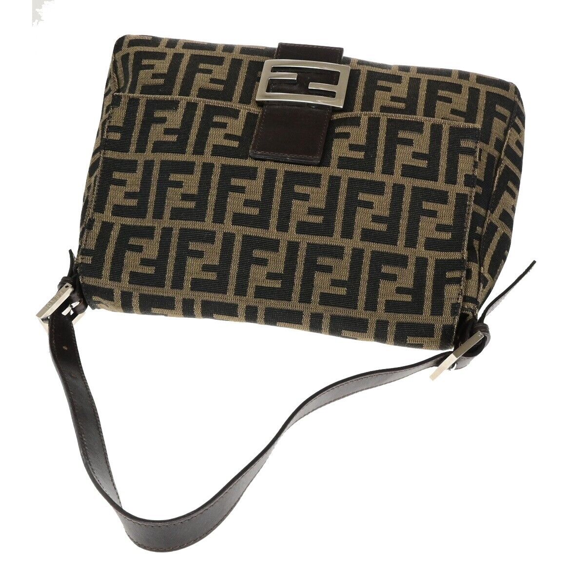 FENDI Logo Mamma Zucca Pattern Shoulder Bag Canvas Leather Brown Italy 25ED280