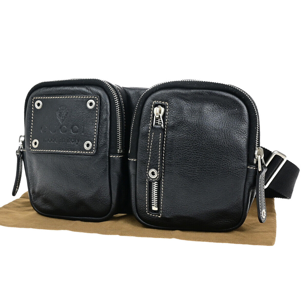 GUCCI Logo Waist Bum Body Bag Leather Black SHW Italy 77YG477