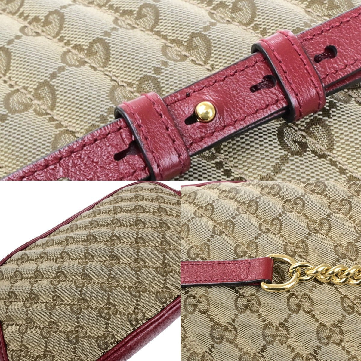GUCCI Marmont GG Pattern Chain Shoulder Bag Canvas Leather Brown Red 600KB508