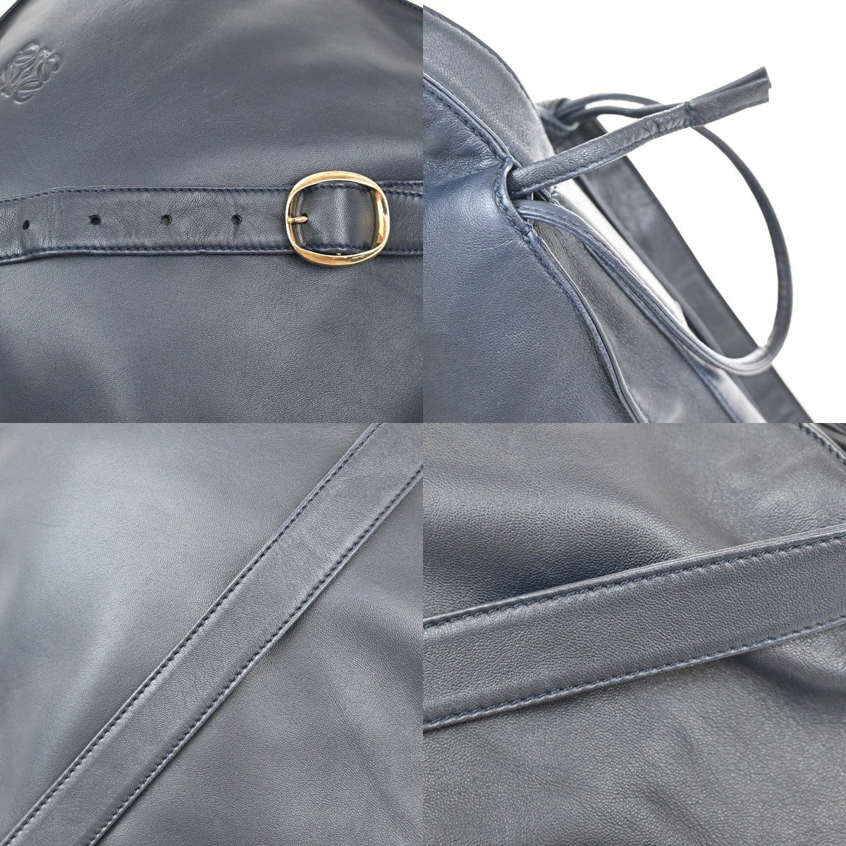 LOEWE Logo Anagram Drawstring Shoulder Bag Leather Blue GHW Spain 34YH784