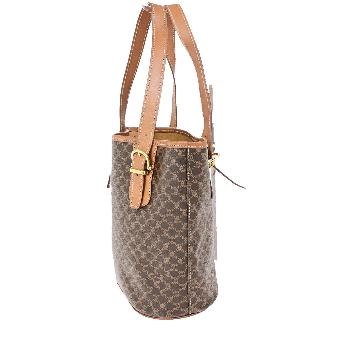 CELINE Logo Macadam Pattern Shoulder Tote Bag PVC Leather Brown GHW 62SJ475