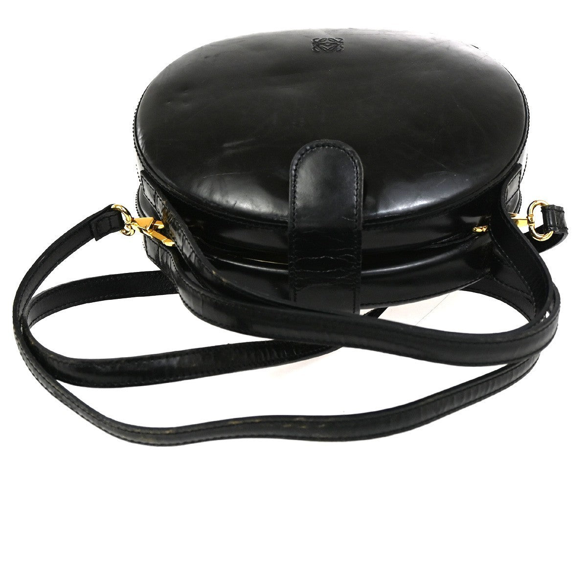 LOEWE Anagram Round 2Way Top Handle Shoulder Bag Calfskin Leather Black 65CA573