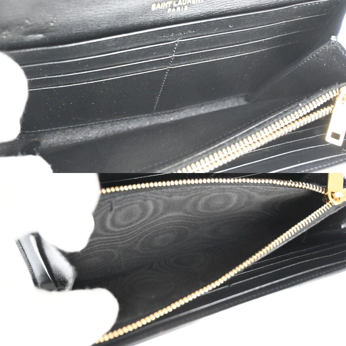 SAINT LAURENT Logo Long Bifold Wallet Purse Leather Black Gold Italy 68YD902