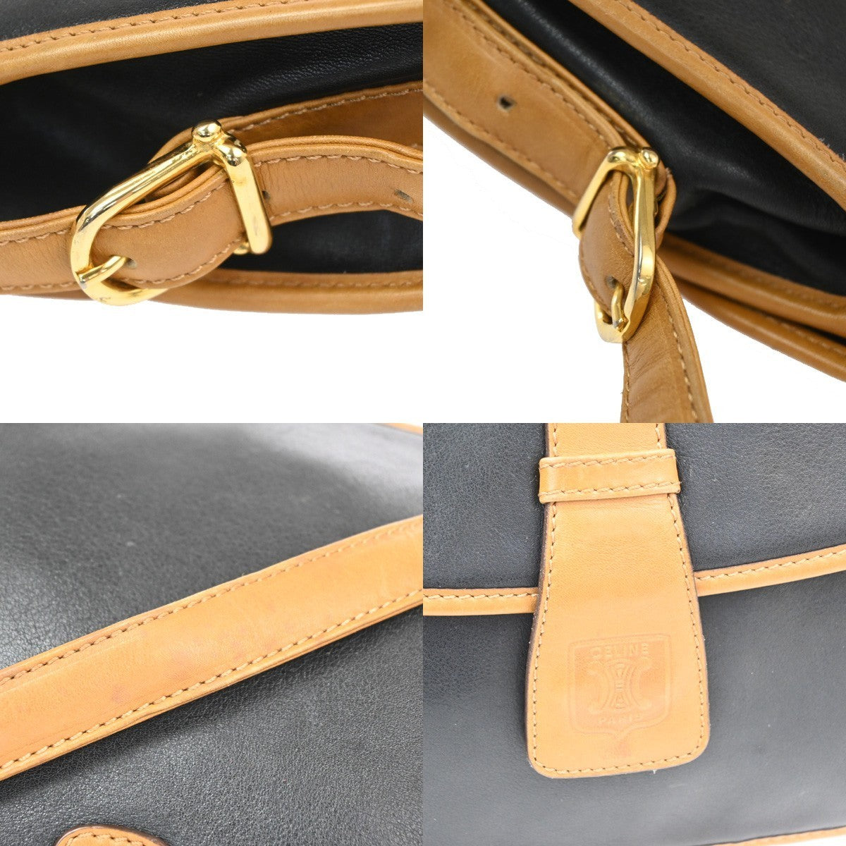 CELINE Logo Crossbody Shoulder Bag Leather Black Brown GHW Italy  66TA664