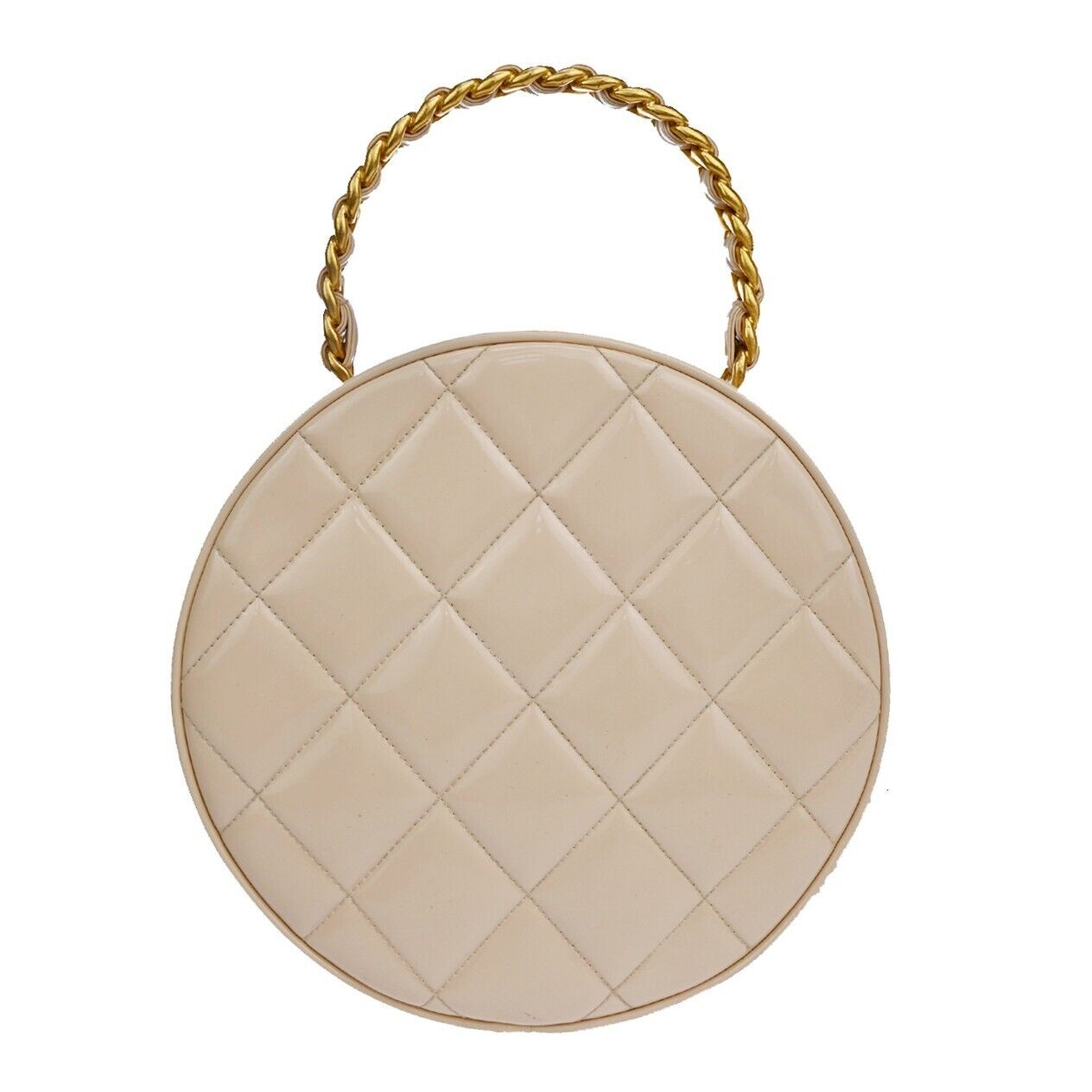 CHANEL CC Matelasse Round Vanity Chain Hand Bag Patent Leather Beige 6600LC414