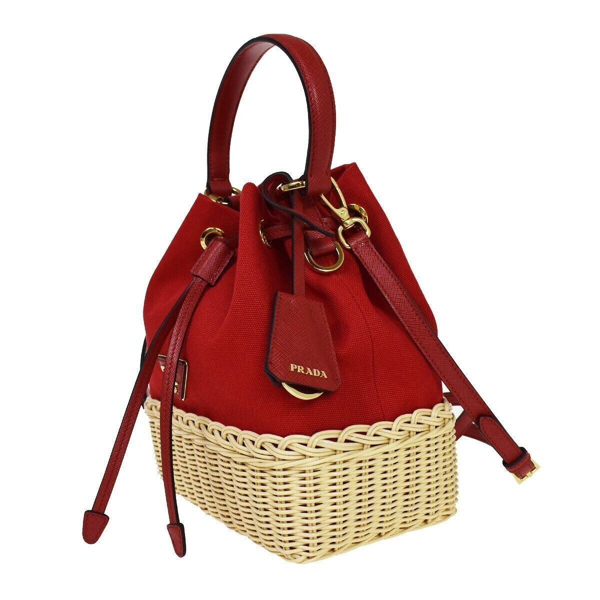 PRADA Logo Plage Wicker 2Way Shoulder Hand Bag Canvas Leather Red Gold 678RH125