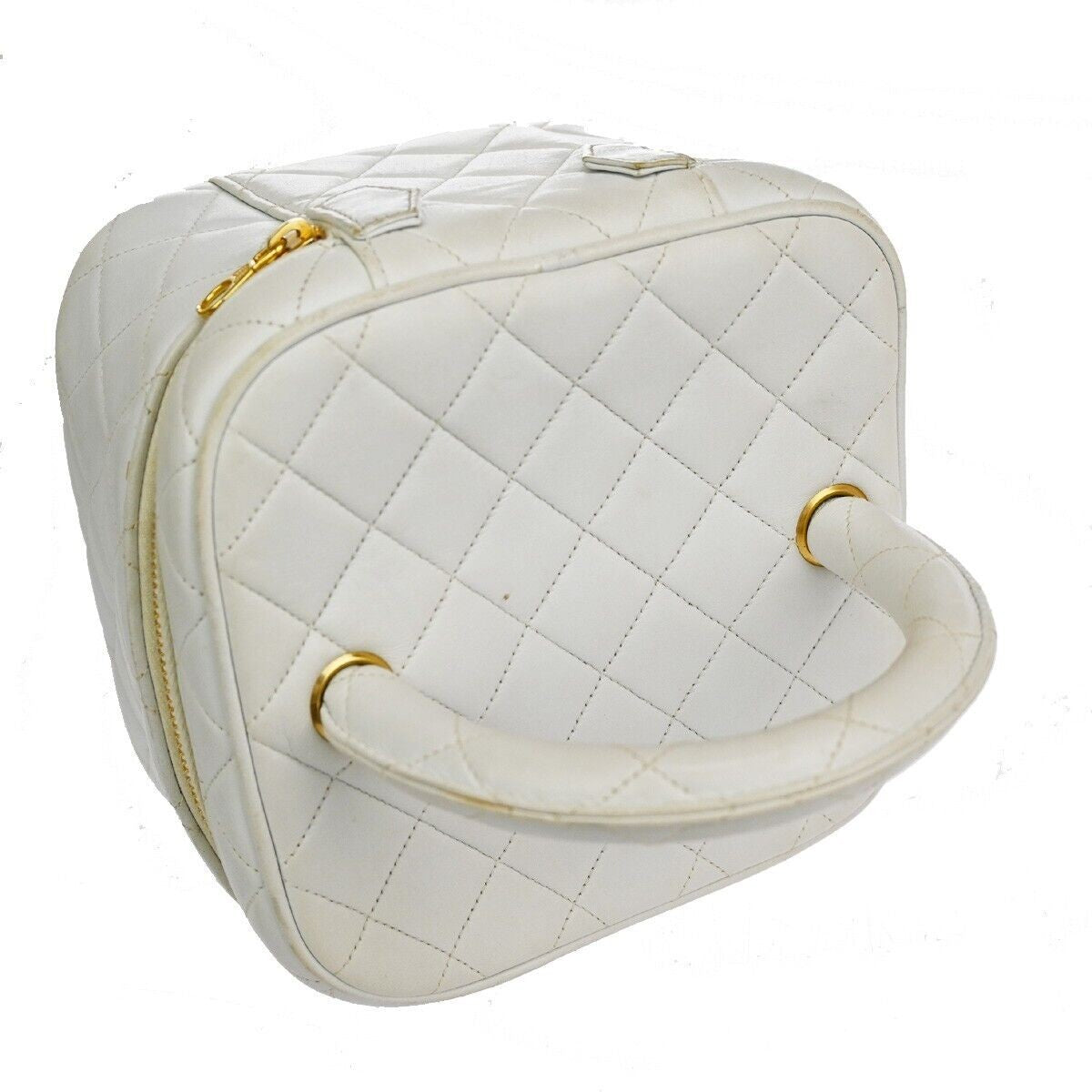 CHANEL Logo Matelasse Vanity Hand Bag Leather White GHW France Vintage 96RH435