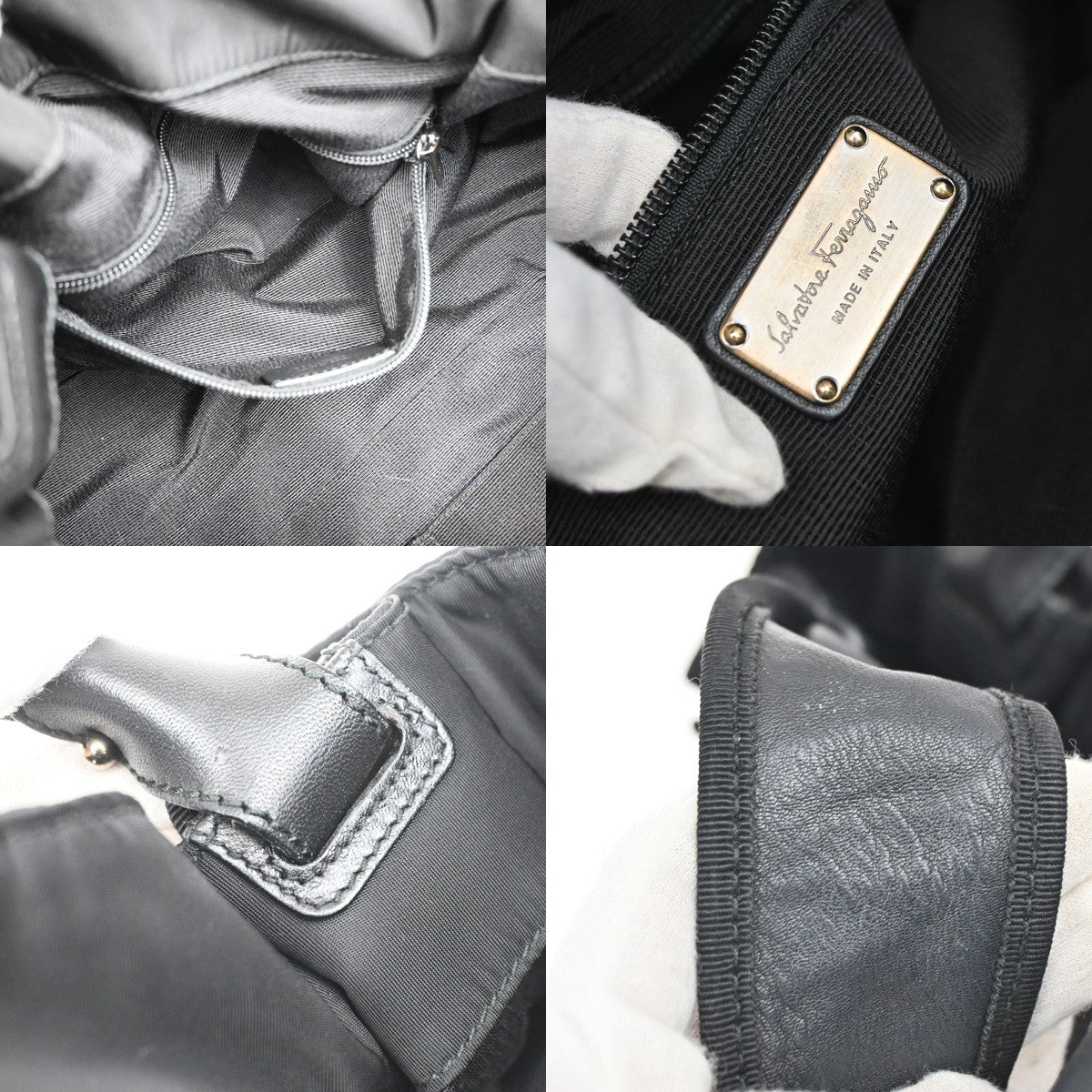 SALVATORE FERRAGAMO Vara Shoulder Hand Bag Nylon Leather Black 68FB974