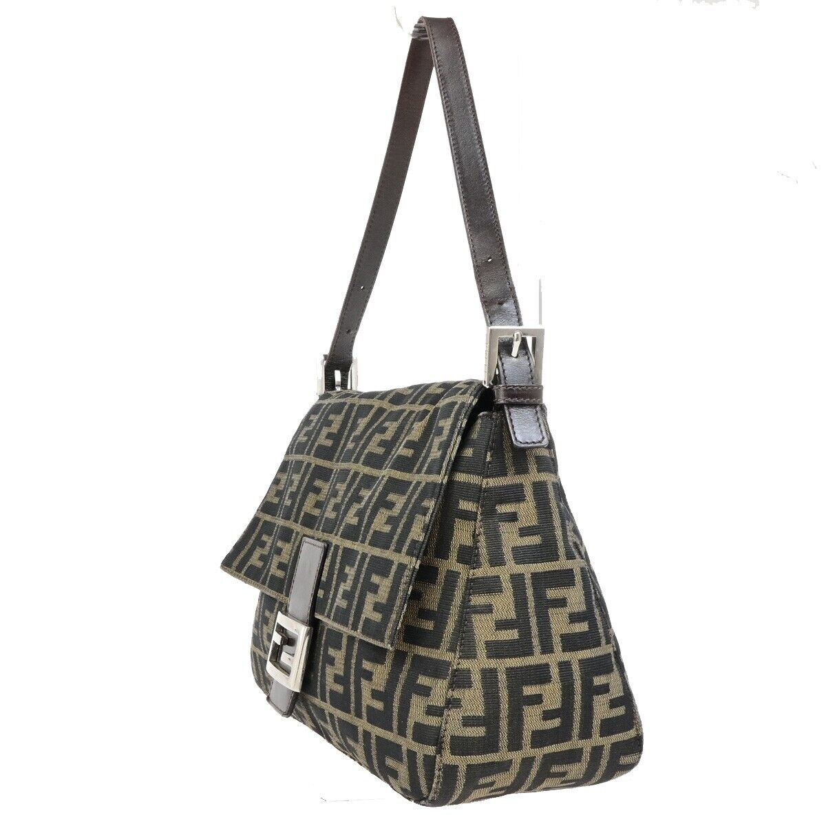 FENDI Logo Mamma Zucca Pattern Shoulder Bag Canvas Leather Brown SHW 74FB302