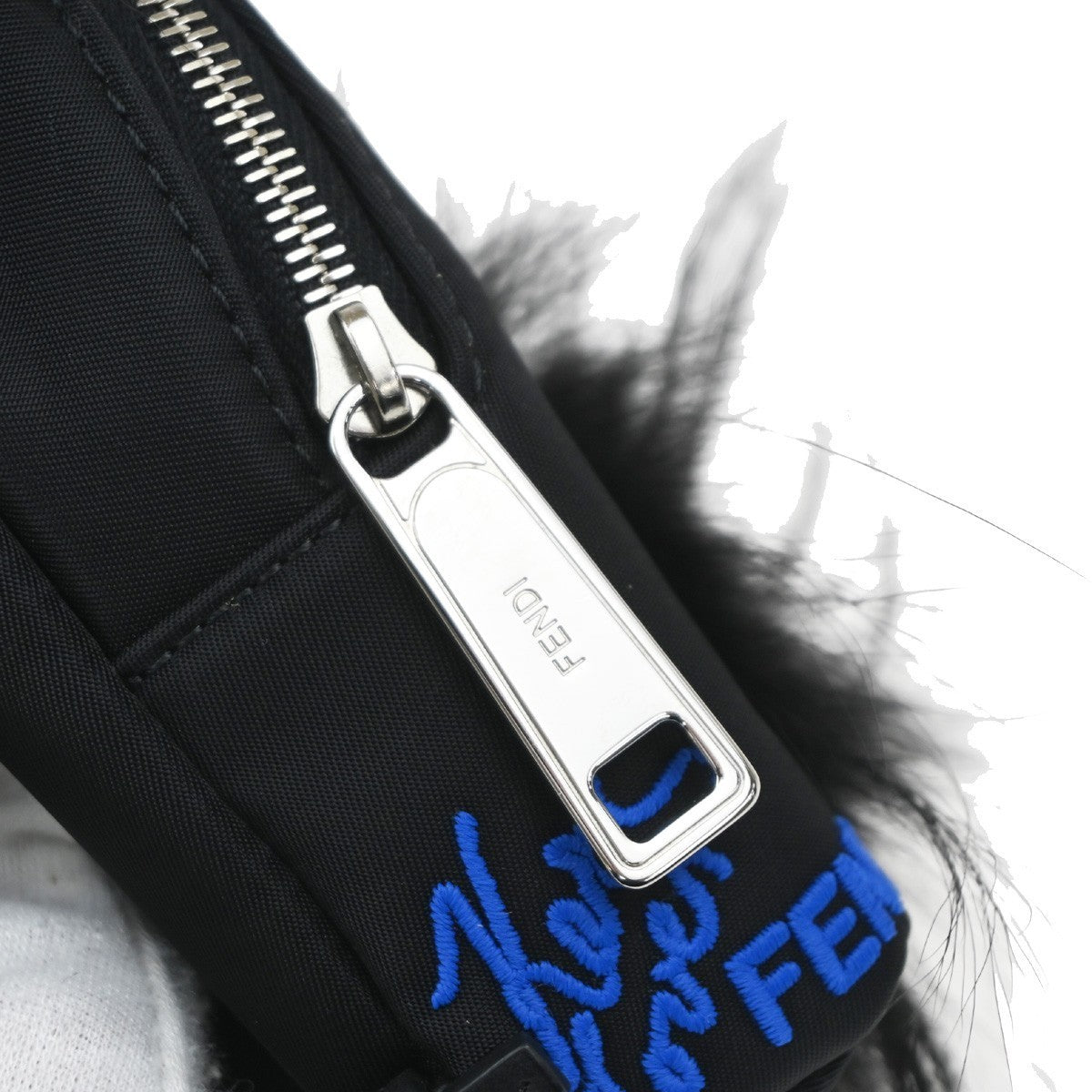 FENDI Karlito Backpack Bag Key Chain Charm Pouch Nylon Leather Fur Black 31KP339