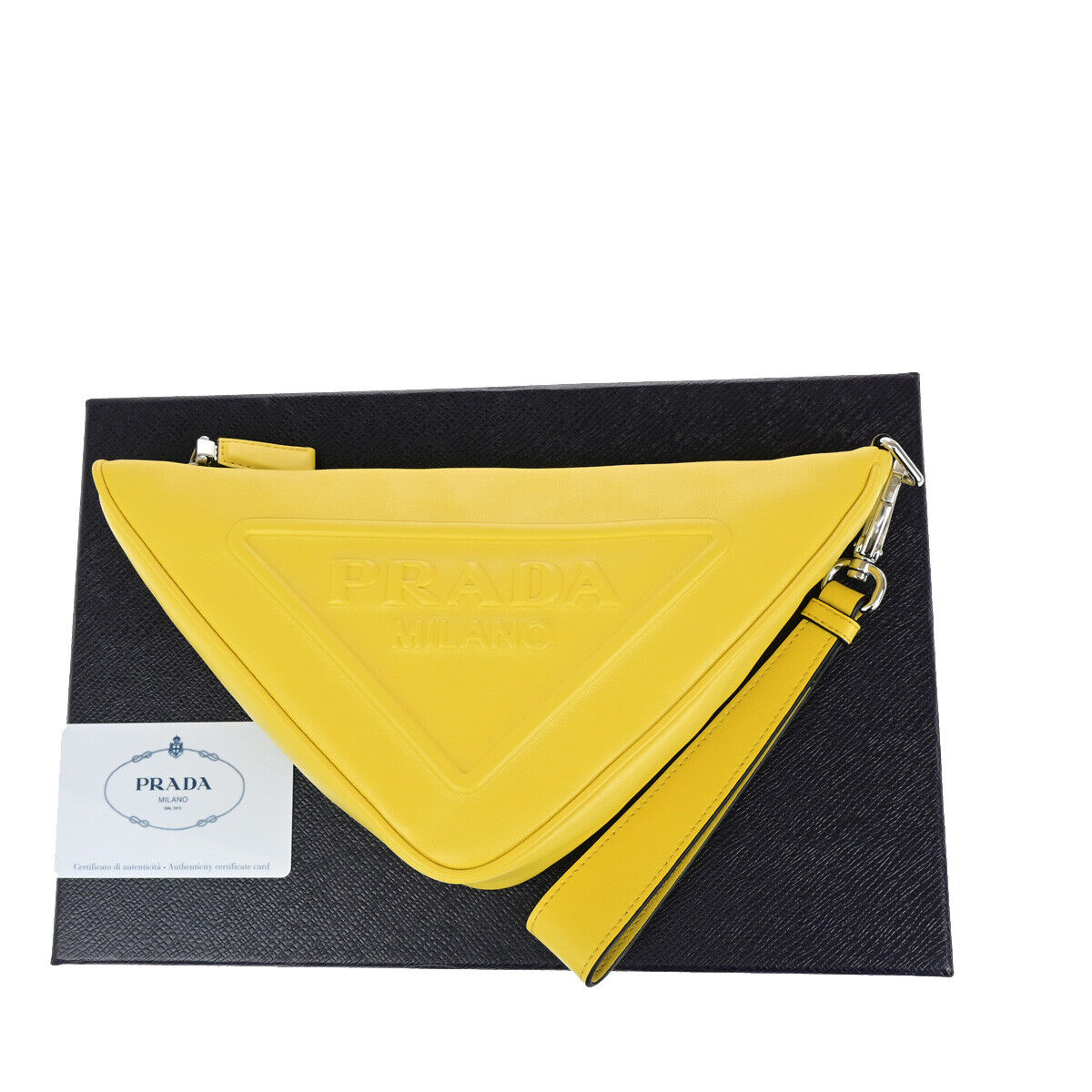 PRADA Logo Triangle Clutch Hand Bag Grace Lux Leather Yellow Sole SHW 43RK741