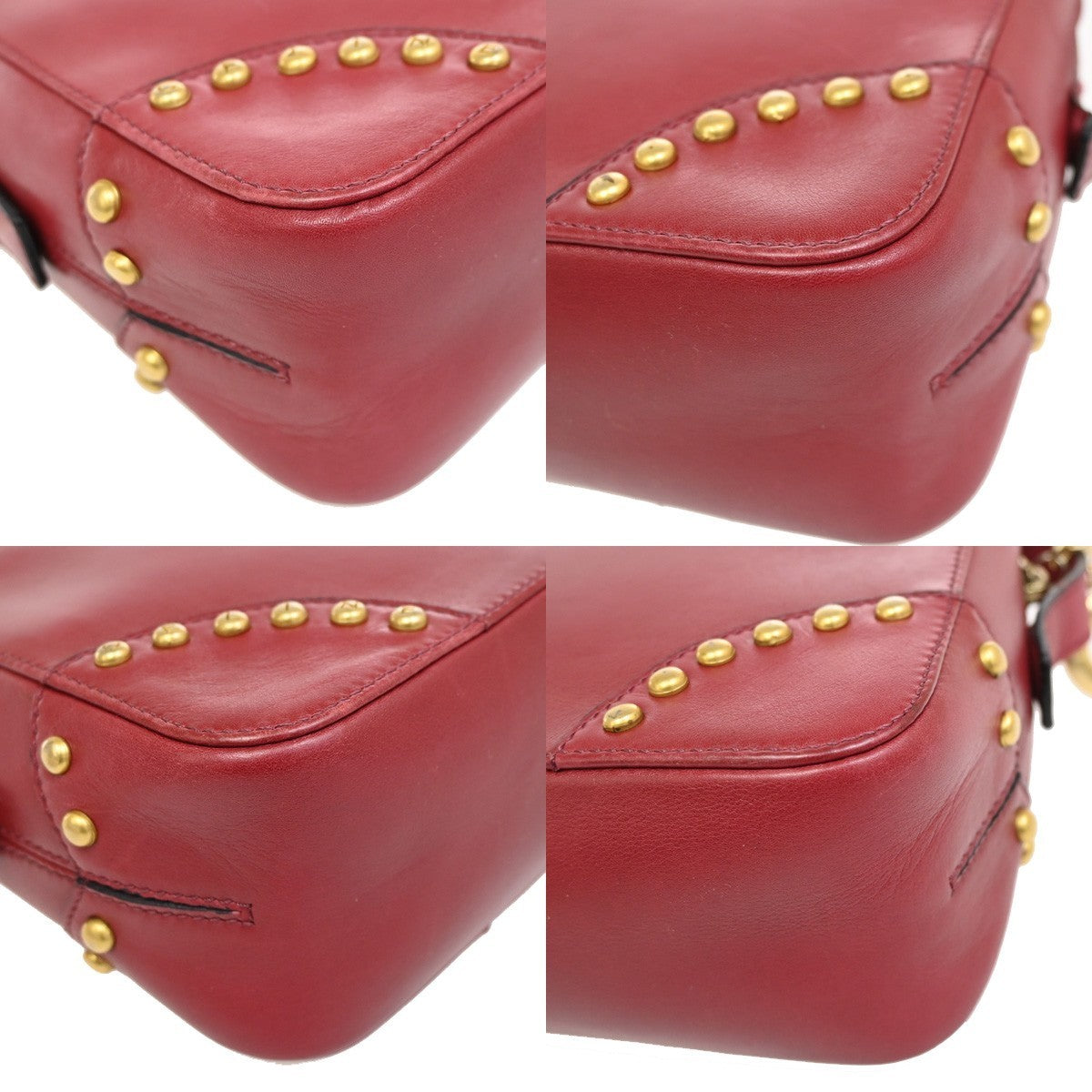 CELINE PARIS Logo Circle Studs Shoulder Bag Leather Red Gold Italy 62KP173