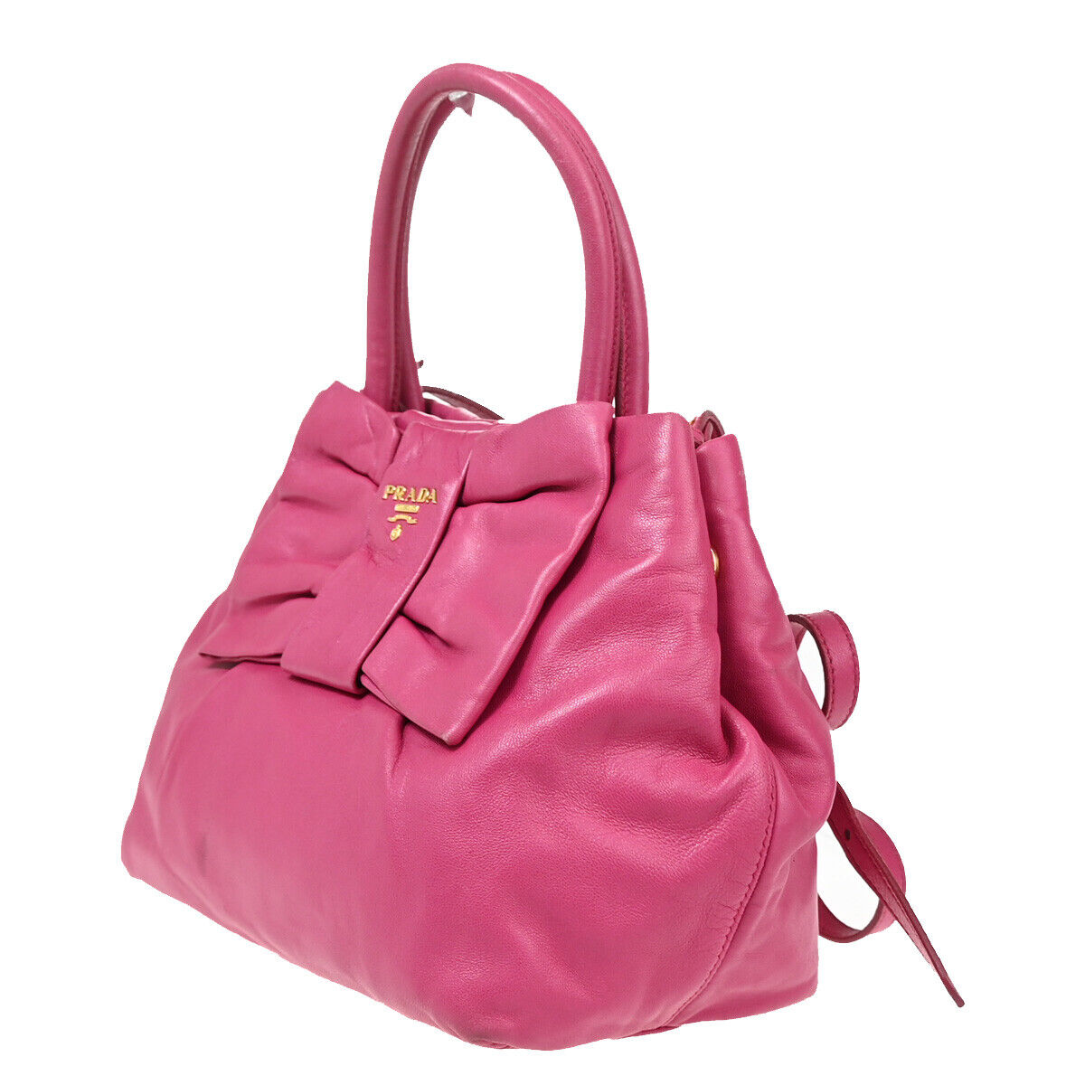 PRADA MILANO Logo Ribbon 2Way Shoulder Hand Tote Bag Leather Pink Gold 34YE444