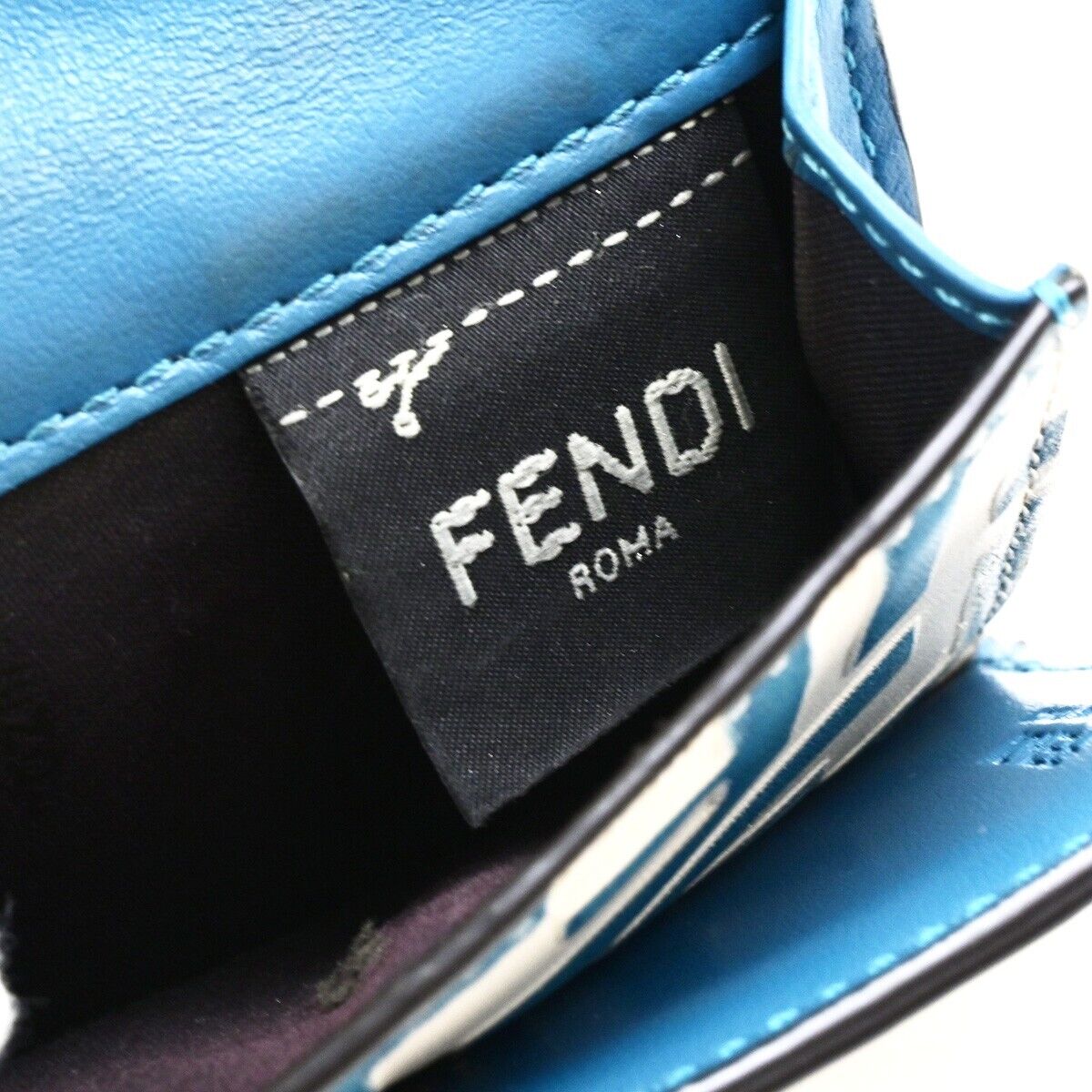 FENDI Zucca Pattern Mini Trifold Compact Wallet Leather Blue White Italy 61KA542