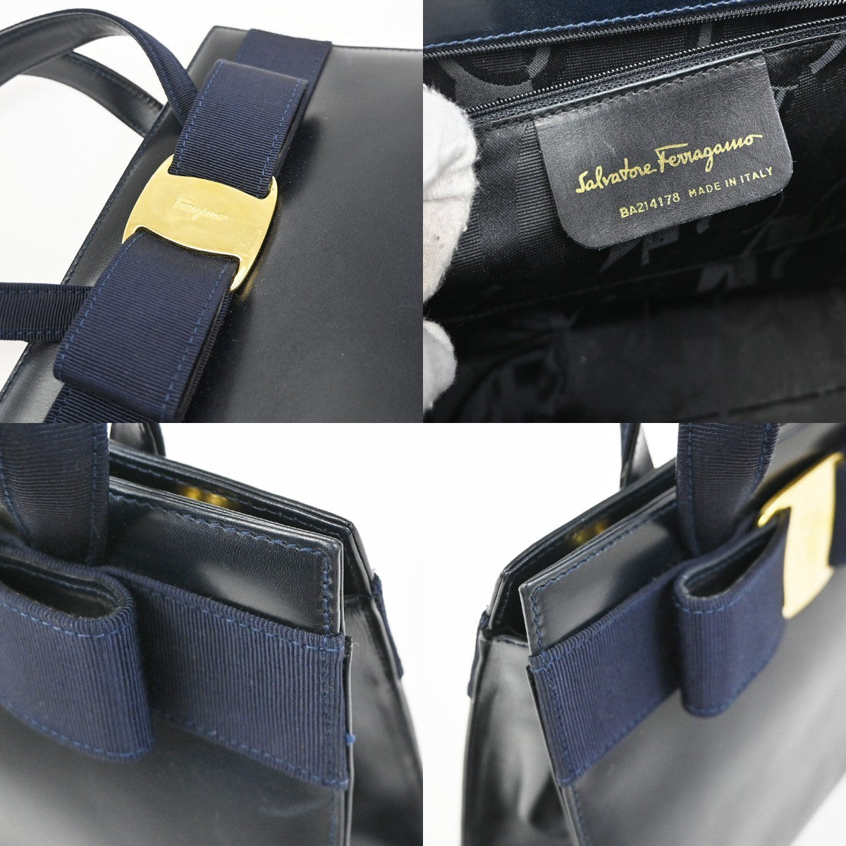 SALVATORE FERRAGAMO Vara 2Way Shoulder Hand Bag Canvas Leather Navy Blue 80YH965