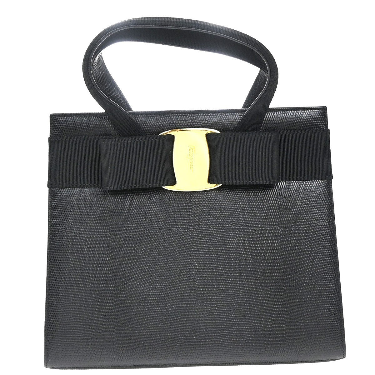 SALVATORE FERRAGAMO Logo Vara Hand Bag Embossing Leather Black Gold 62EG282