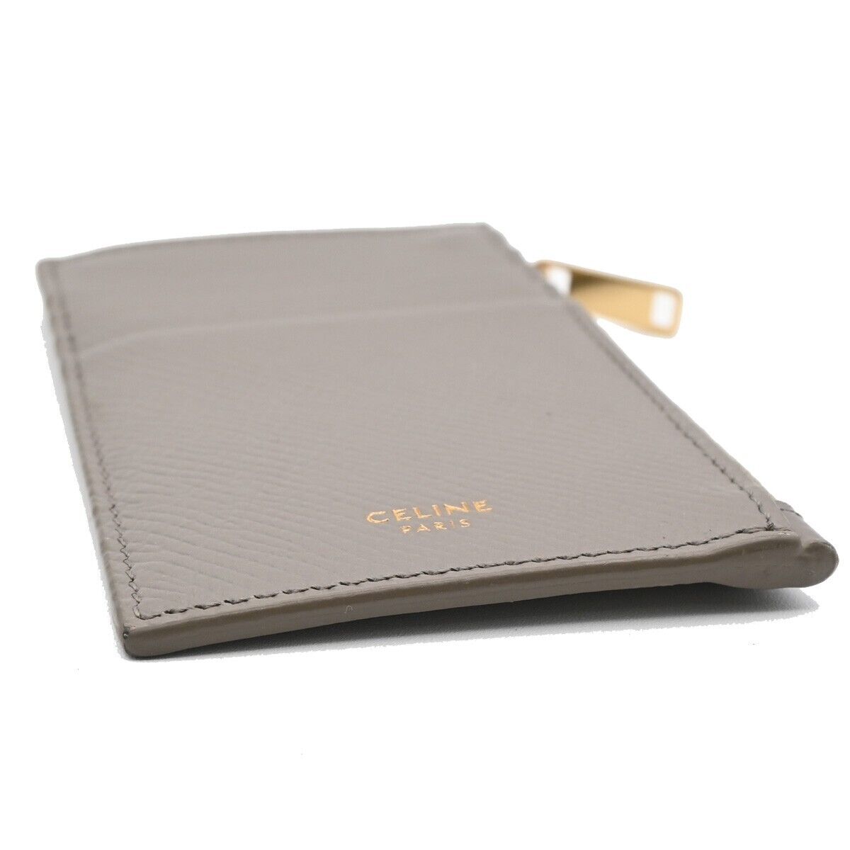 CELINE Logo Fragment Case Coin Zip Wallet Purse Leather Gray Gold Italy 36HB942