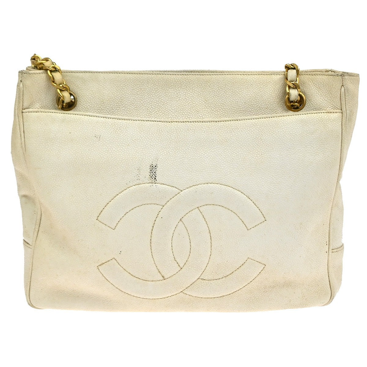 CHANEL CC Shoulder Bag Grained Calfskin Leather White GHW Vintage 12RP179