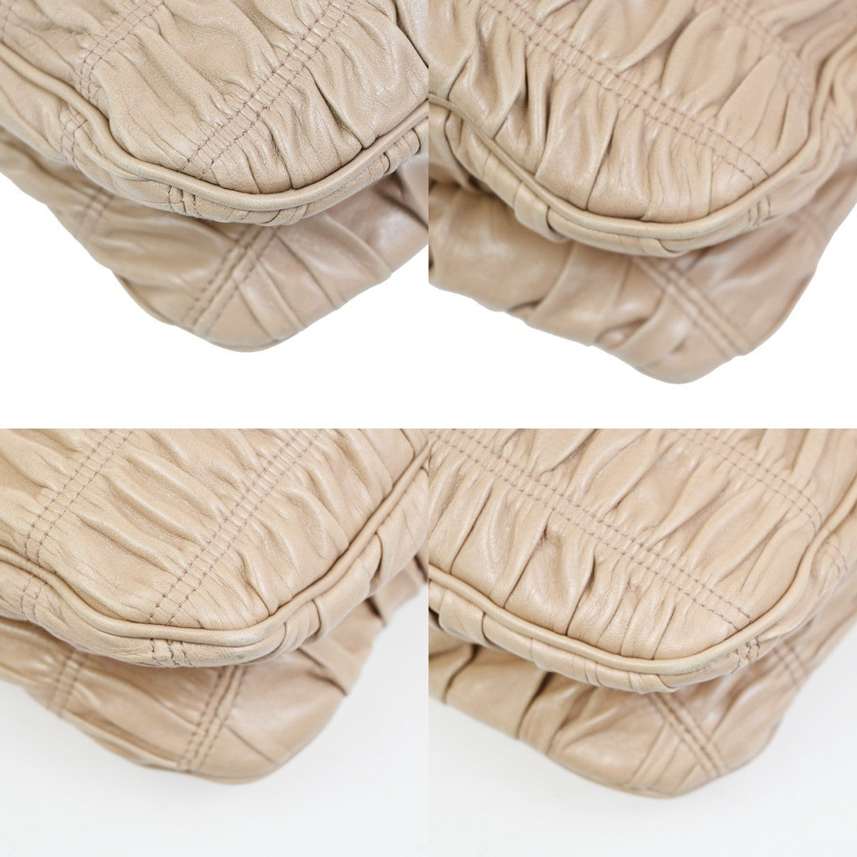 PRADA Logo Flap Shoulder Hand Bag Gathered Nappa Leather Beige Italy 70MA395