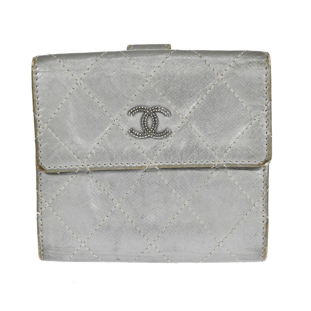 CHANEL CC Logo Matelasse Bifold Wallet Purse Leather Silver SHW Italy  04HB384