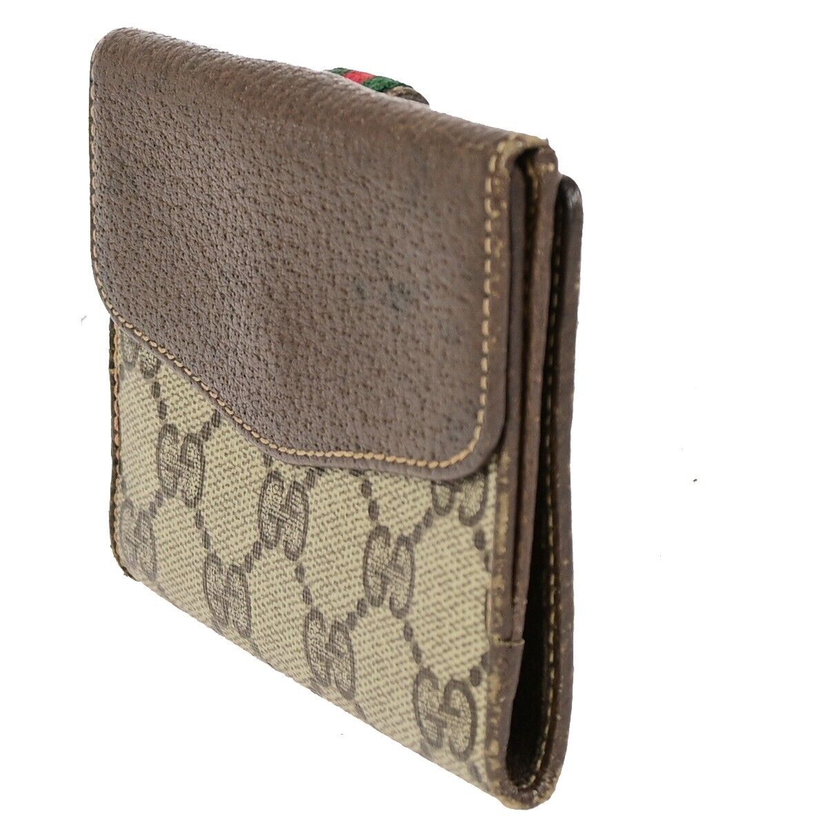 GUCCI Logo Sherry GG Pattern Bifold Wallet Purse PVC Leather Brown Gold 09YE955