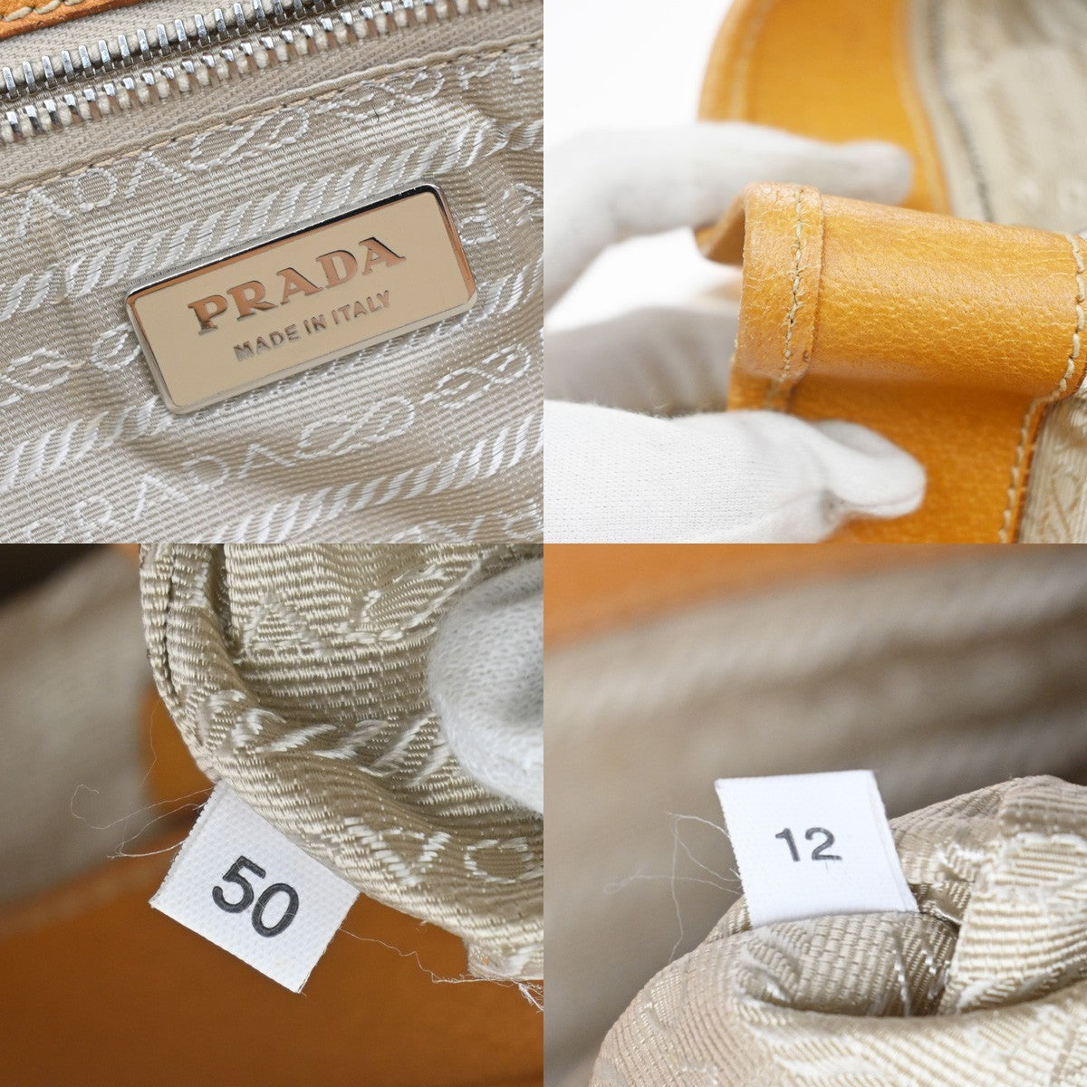PRADA Logo Shoulder Tote Hand Bag Canvas Leather Beige Orange SHW Italy 34MA594