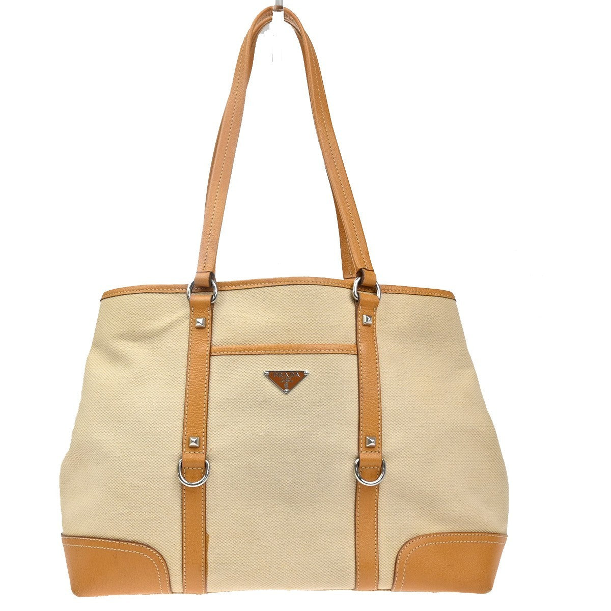 PRADA Logo Shoulder Tote Hand Bag Canvas Leather Beige Orange SHW Italy 34MA594