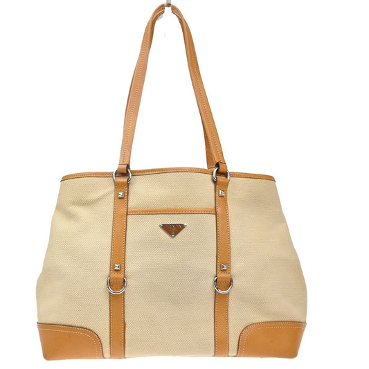 PRADA Logo Shoulder Tote Hand Bag Canvas Leather Beige Orange SHW Italy 34MA594
