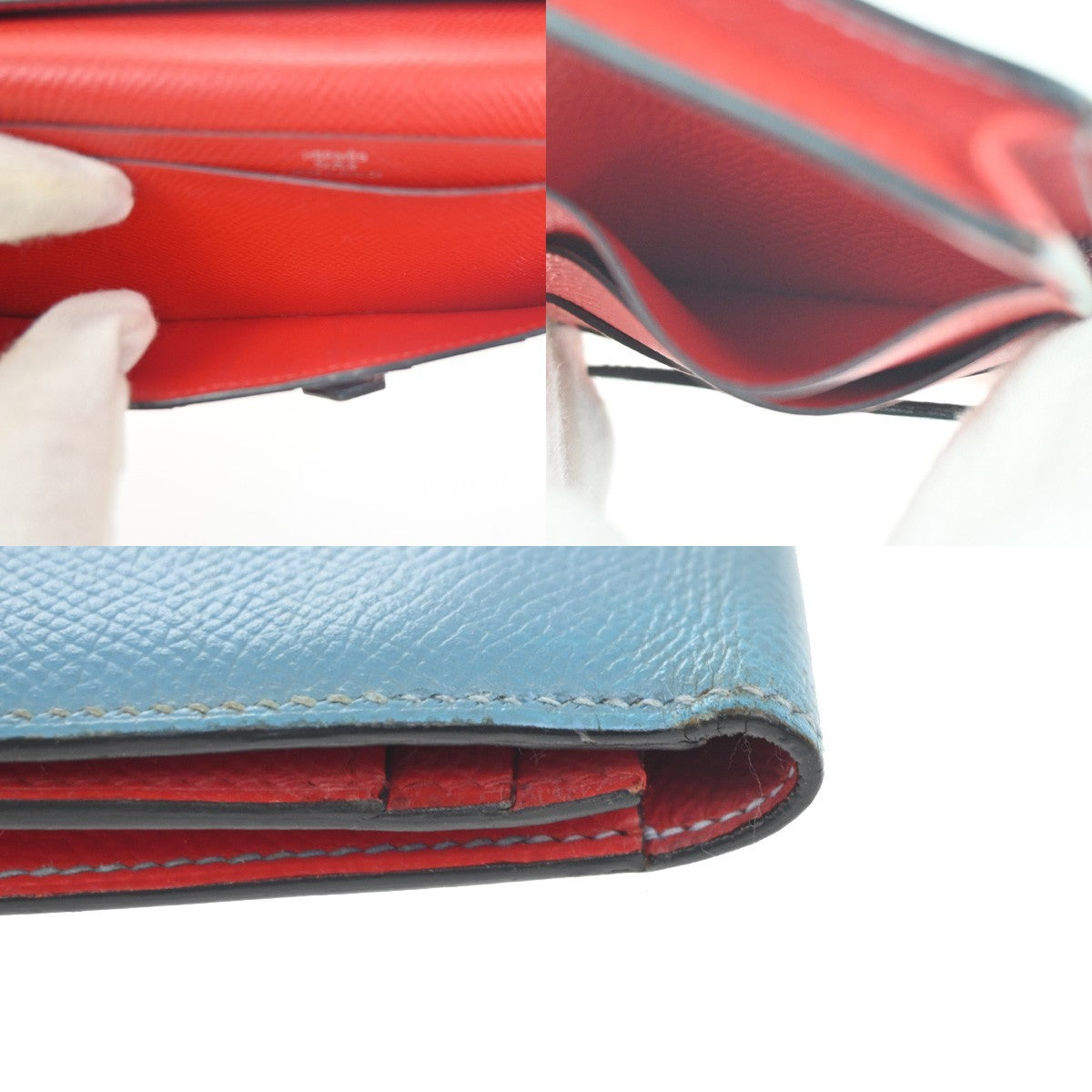 HERMES Bearn Bicolor Long Bifold Wallet Epson Leather Blue Red GHW 32KC756