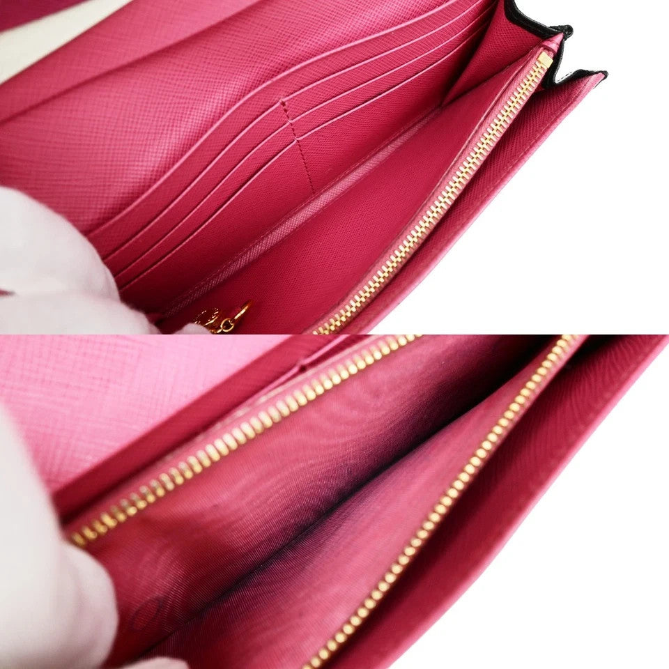 PRADA Logo Saffiano Multic Long Bifold Wallet Leather Black Pink GHW 37YH058